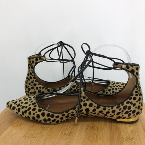 AQUAZZURA Christy Leopard print Calf Hair Point toe ankle wrap Flats 37.5 - Picture 5 of 7